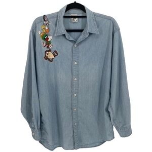 Vintage 1998 Warner Bros Character Bugs Tweety Chambray Button Up Shirt - Sz M